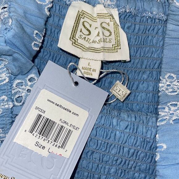 STS Sail To Sable Womens Floral Eyelet Tiered Lace Smocked Dress Blue Large NWT$ - Picture 5 of 9